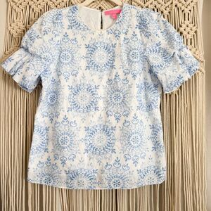 Lilly Pulitzer Lailah Eyelet Top – Size Small – Boca Blue Beachside Daydream